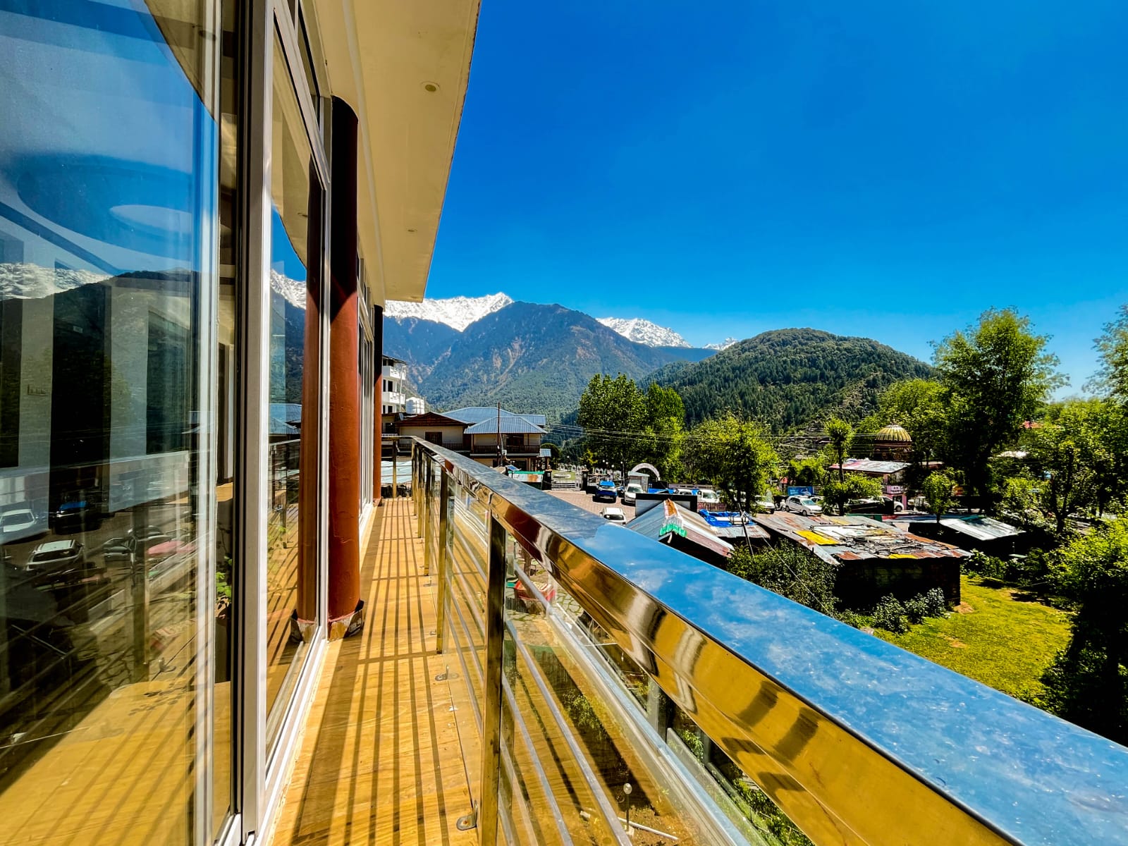 Snow-capped Dhauladhar peaks from the hotel balcony